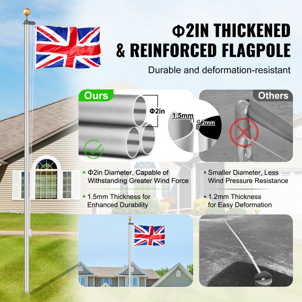 VEVOR 25FT Detachable Flagpole Kit, Heavy Duty Aluminum Alloy Flag Pole Kit in Ground for Outdoor, 3 Display Modes Flagpole with Professional Accessories, British Flag, Silver