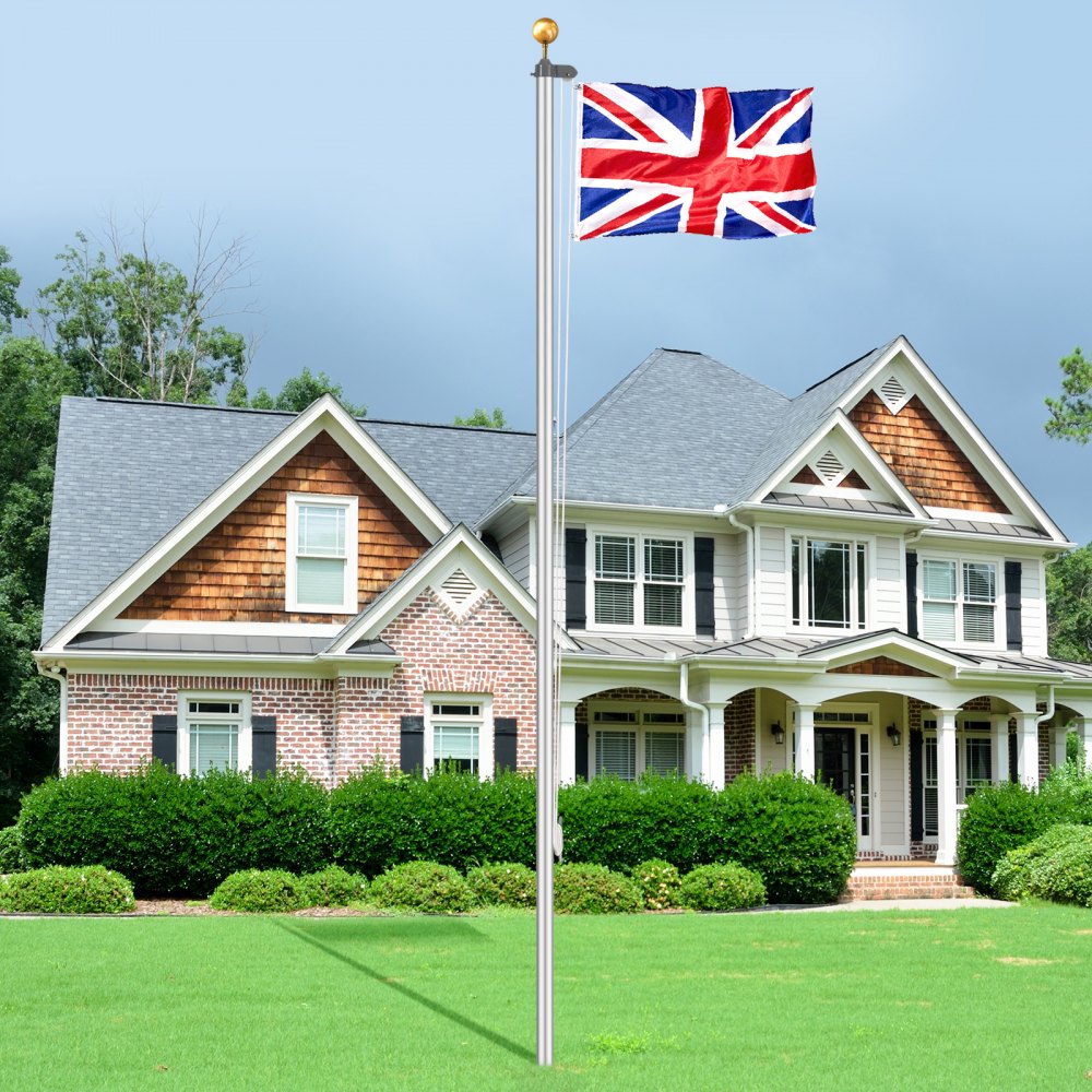 VEVOR 25FT Detachable Flagpole Kit, Heavy Duty Aluminum Alloy Flag Pole Kit in Ground for Outdoor, 3 Display Modes Flagpole with Professional Accessories, British Flag, Silver