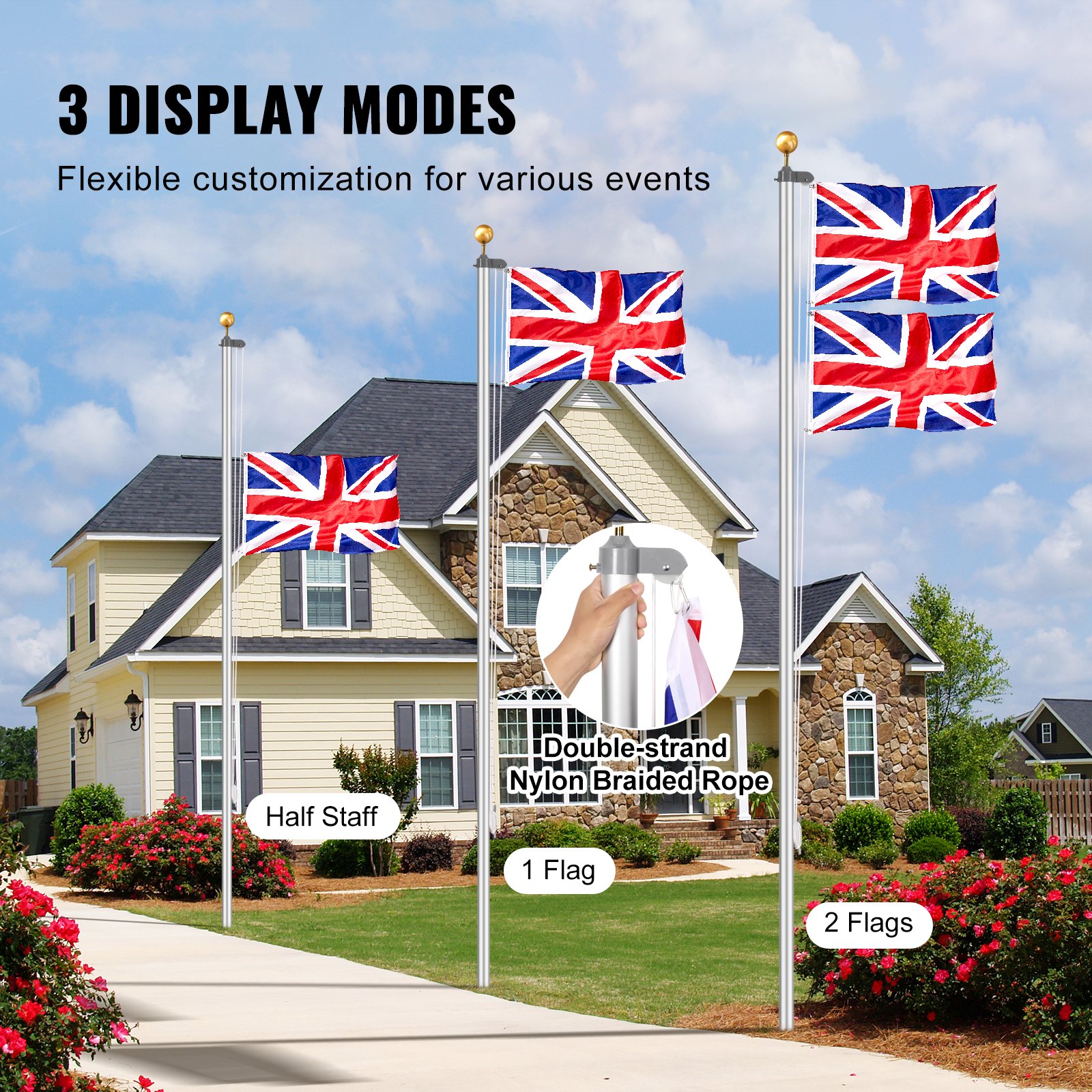 VEVOR 25FT Detachable Flagpole Kit, Heavy Duty Aluminum Alloy Flag Pole Kit in Ground for Outdoor, 3 Display Modes Flagpole with Professional Accessories, British Flag, Silver