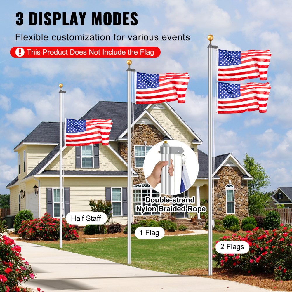 VEVOR 25FT Detachable Flagpole Kit, Heavy Duty Aluminum Alloy Flag Pole Kit in Ground for Outdoor, 3 Display Modes Flagpole with Professional Accessories, Silver