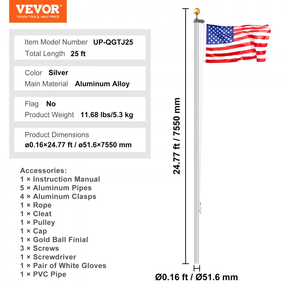 VEVOR 25FT Detachable Flagpole Kit, Heavy Duty Aluminum Alloy Flag Pole Kit in Ground for Outdoor, 3 Display Modes Flagpole with Professional Accessories, Silver