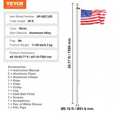 VEVOR 25FT Detachable Flagpole Kit Heavy Duty Aluminum Flag Pole Silver