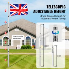 VEVOR 30FT Telescopic Flagpole Kit Heavy Duty Aluminum Flag Pole British Silver