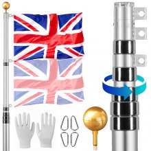 VEVOR 30FT Telescopic Flagpole Kit Heavy Duty Aluminum Flag Pole British Silver