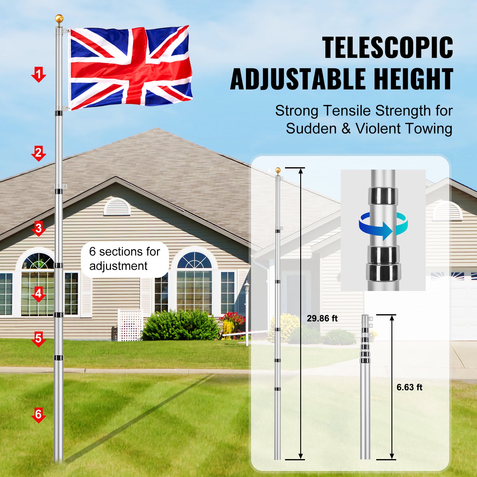 VEVOR 30FT Telescopic Flagpole Kit, Heavy Duty Aluminum Alloy Flag Pole Kit in Ground for Outside, 3 Display Modes Flagpole with Professional Accessories, British Flag, Silver