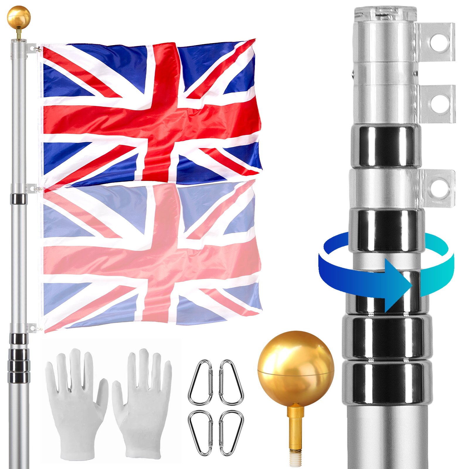 VEVOR 30FT Telescopic Flagpole Kit, Heavy Duty Aluminum Alloy Flag Pole Kit in Ground for Outside, 3 Display Modes Flagpole with Professional Accessories, British Flag, Silver