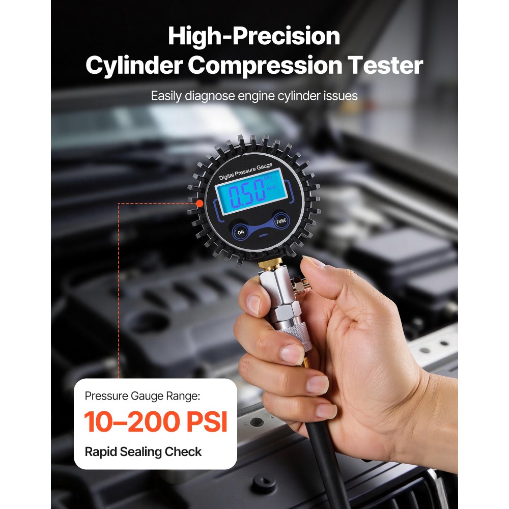 VEVOR Engine Cylinder Compression Tester Kit, Pressure Gauge Range of 10-200 PSI, Compression Tester Kit with 4 Adapters, Straight & Angled Extended Metal Tubes for Automotive Cars and Motorcycles