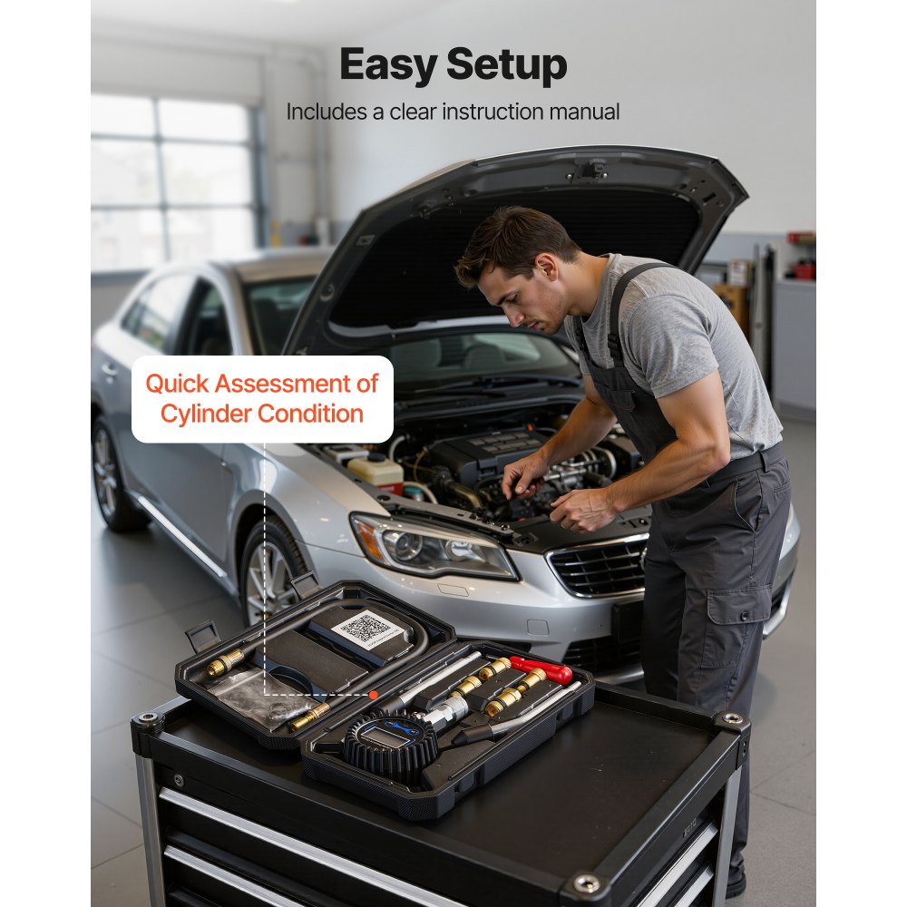 VEVOR Engine Cylinder Compression Tester Kit, Pressure Gauge Range of 10-200 PSI, Compression Tester Kit with 4 Adapters, Straight & Angled Extended Metal Tubes for Automotive Cars and Motorcycles