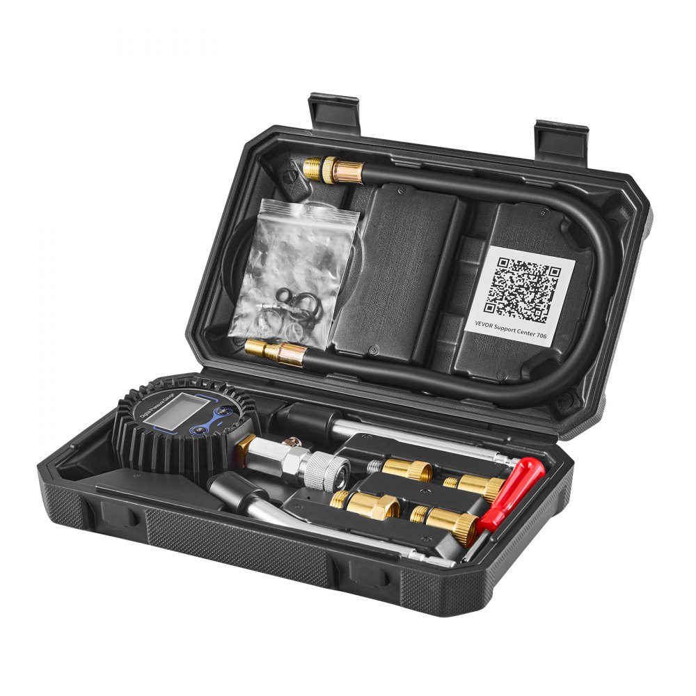 VEVOR Engine Cylinder Compression Tester Kit, Pressure Gauge Range of 10-200 PSI, Compression Tester Kit with 4 Adapters, Straight & Angled Extended Metal Tubes for Automotive Cars and Motorcycles
