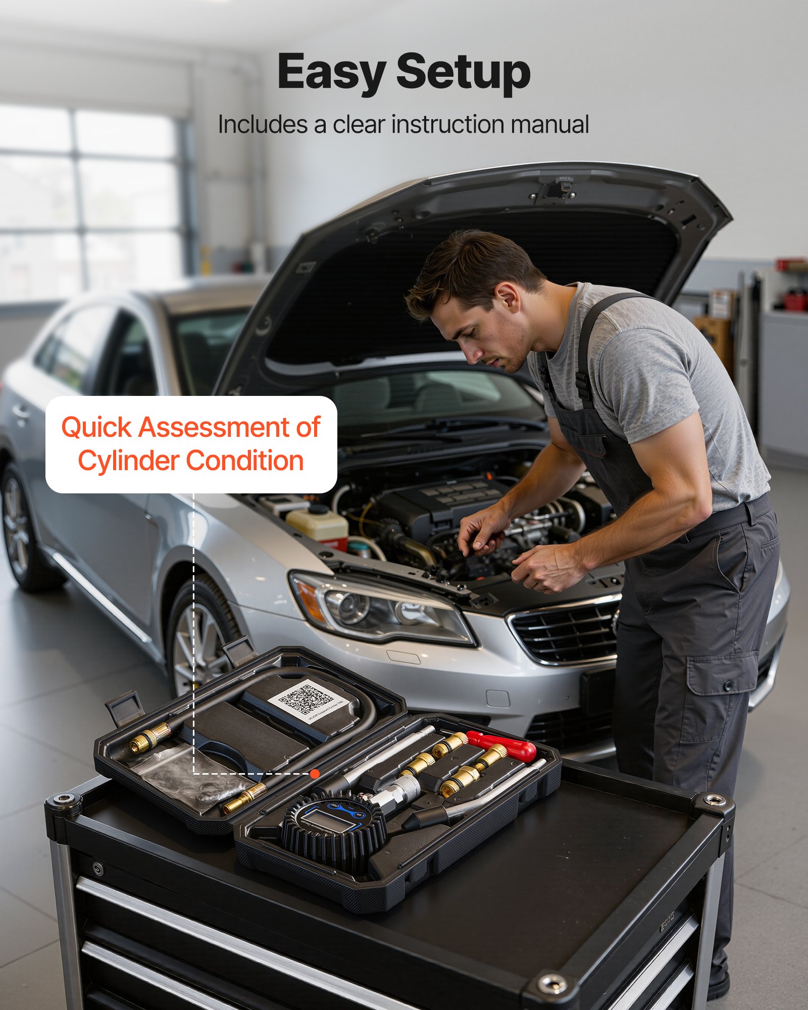 VEVOR Engine Cylinder Compression Tester Kit, Pressure Gauge Range of 10-200 PSI, Compression Tester Kit with 4 Adapters, Straight & Angled Extended Metal Tubes for Automotive Cars and Motorcycles