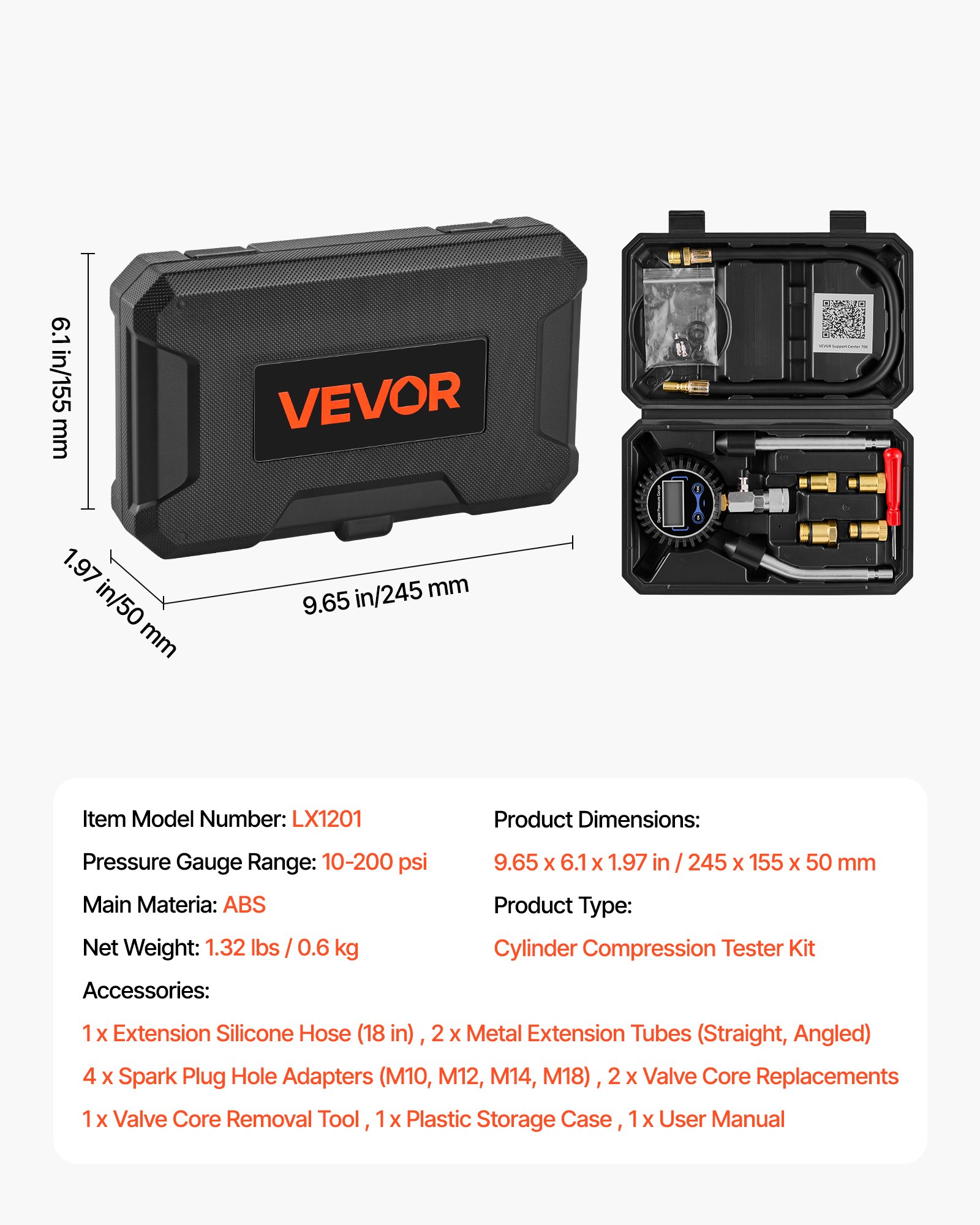 VEVOR Engine Cylinder Compression Tester Kit, Pressure Gauge Range of 10-200 PSI, Compression Tester Kit with 4 Adapters, Straight & Angled Extended Metal Tubes for Automotive Cars and Motorcycles
