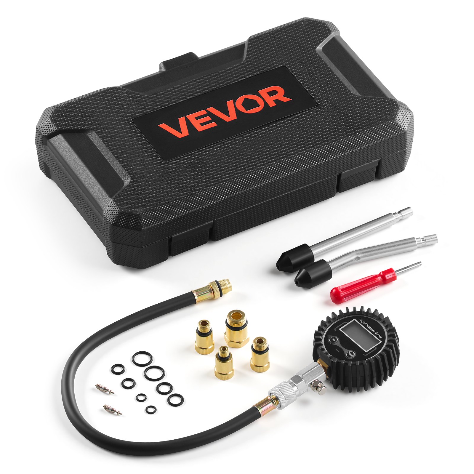 VEVOR Engine Cylinder Compression Tester Kit, Pressure Gauge Range of 10-200 PSI, Compression Tester Kit with 4 Adapters, Straight & Angled Extended Metal Tubes for Automotive Cars and Motorcycles