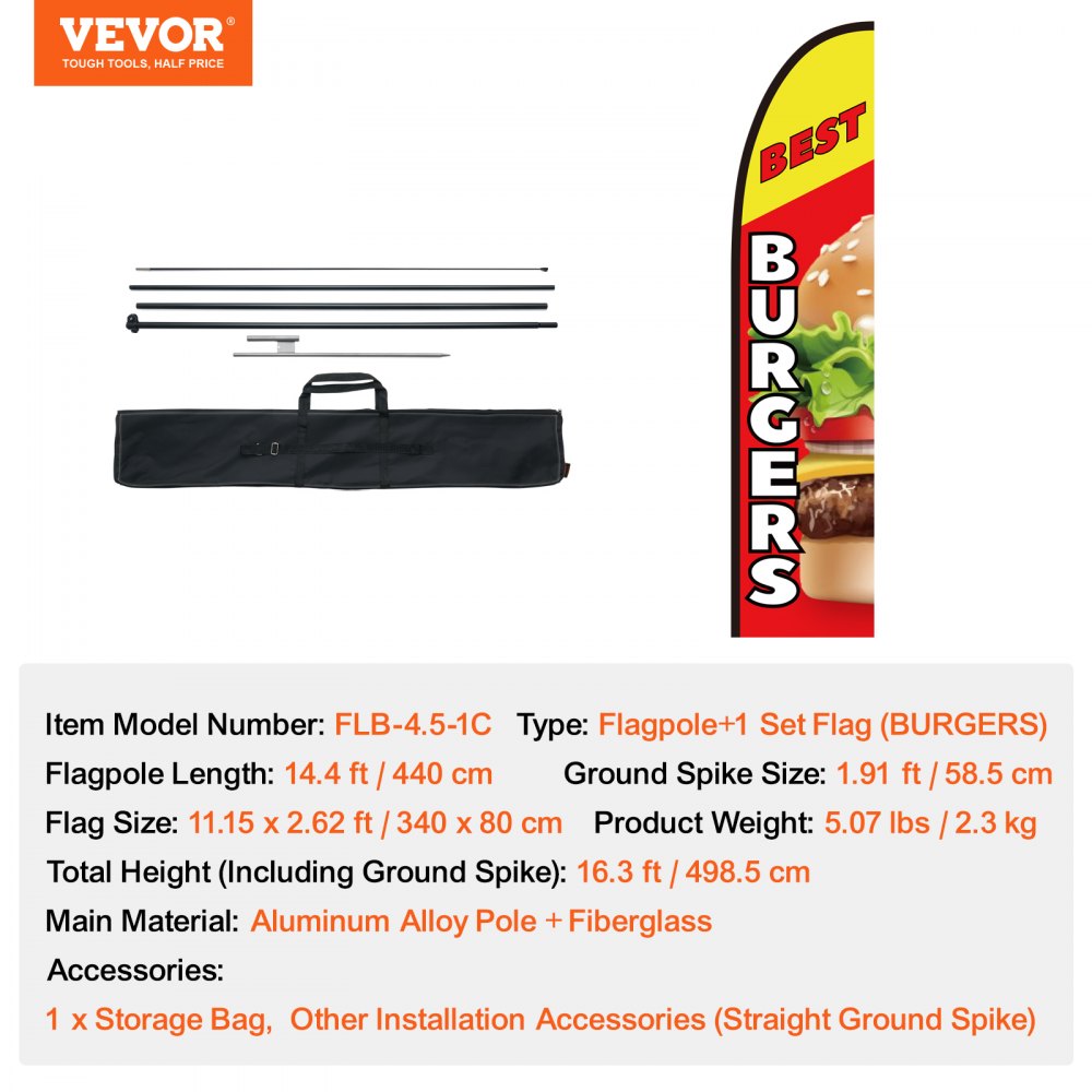 VEVOR Burger Restaurant Advertising Feather Flag with Pole Kit, Advertising Flags for Business Outside, Includes 1 Banner Flag, 1 Pole, 1 Ground Stake, Swooper Flag for Businesses 16.3 FT