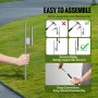 VEVOR open flags assembly instructions showing ground spike insertion and snap connection on grass.