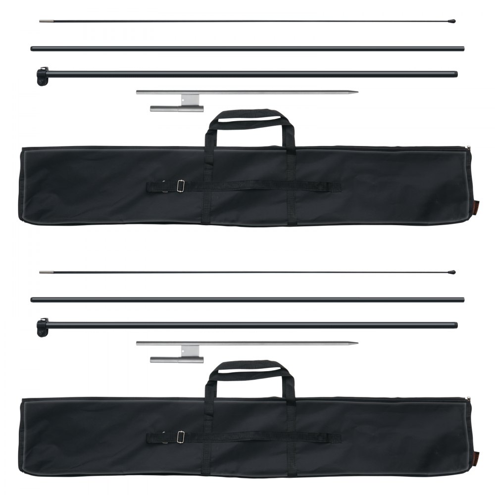 VEVOR feather flag pole kit with black travel bag and components arranged separately.