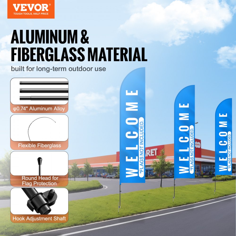 VEVOR Feather Flag Pole Kit, 3 Packs Swooper Flag Pole 16.3 ft, Sign Flag Poles for Business Advertising Flags Outdoor, with Ground Stakes and A Carrying Bag (Flag Not Included)