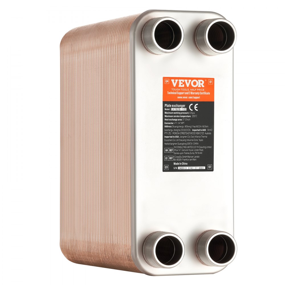 VEVOR Heat Exchanger, 5"x 12" 100 Plates Brazed Plate Heat Exchanger, Copper/316L Stainless Steel Water To Water Heat Exchanger For Floor Heating, Water Heating, Snow Melting, Beer Cooling