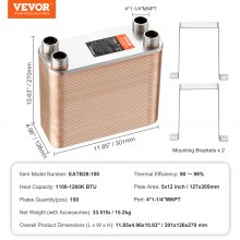 VEVOR Heat Exchanger, 5"x 12" 100 Plates Brazed Plate Heat Exchanger, Copper/316L Stainless Steel Water To Water Heat Exchanger For Floor Heating, Water Heating, Snow Melting, Beer Cooling
