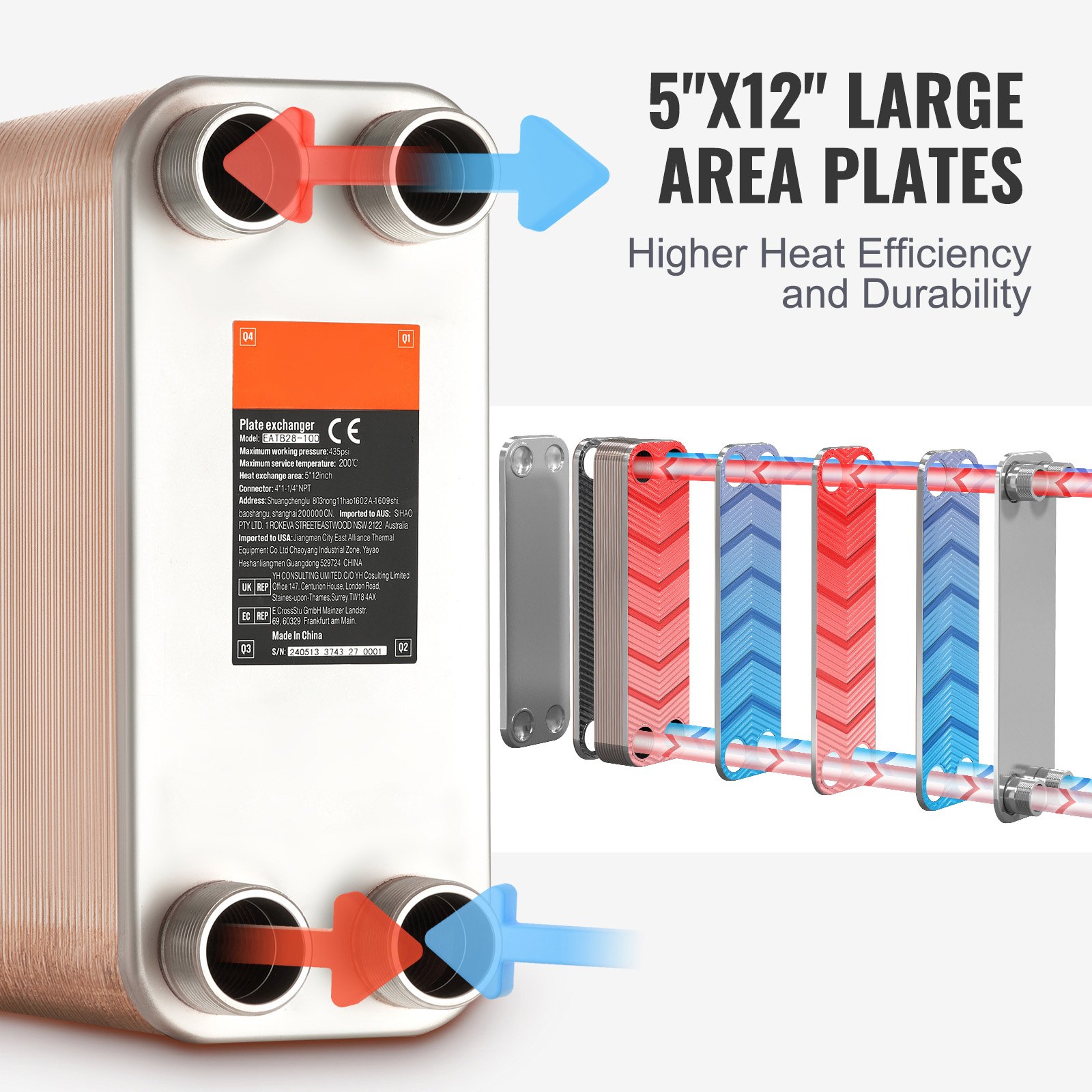 VEVOR 100 Plate Heat Exchanger 4*1-1/4" MNPT Ports 5"x 12" Brazed 316L St. Steel