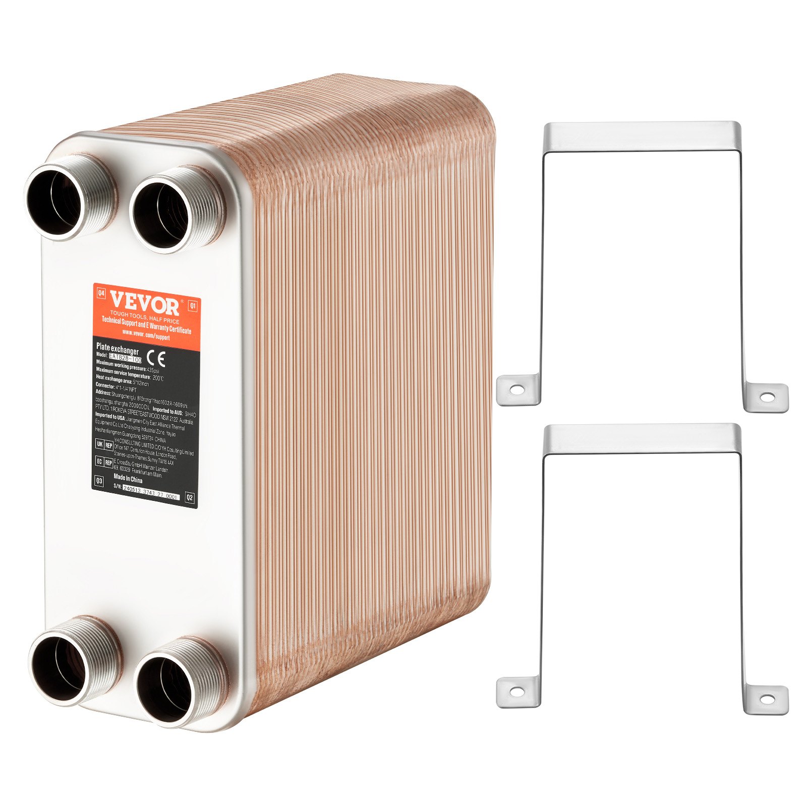 VEVOR Heat Exchanger, 5"x 12" 100 Plates Brazed Plate Heat Exchanger, Copper/316L Stainless Steel Water To Water Heat Exchanger For Floor Heating, Water Heating, Snow Melting, Beer Cooling