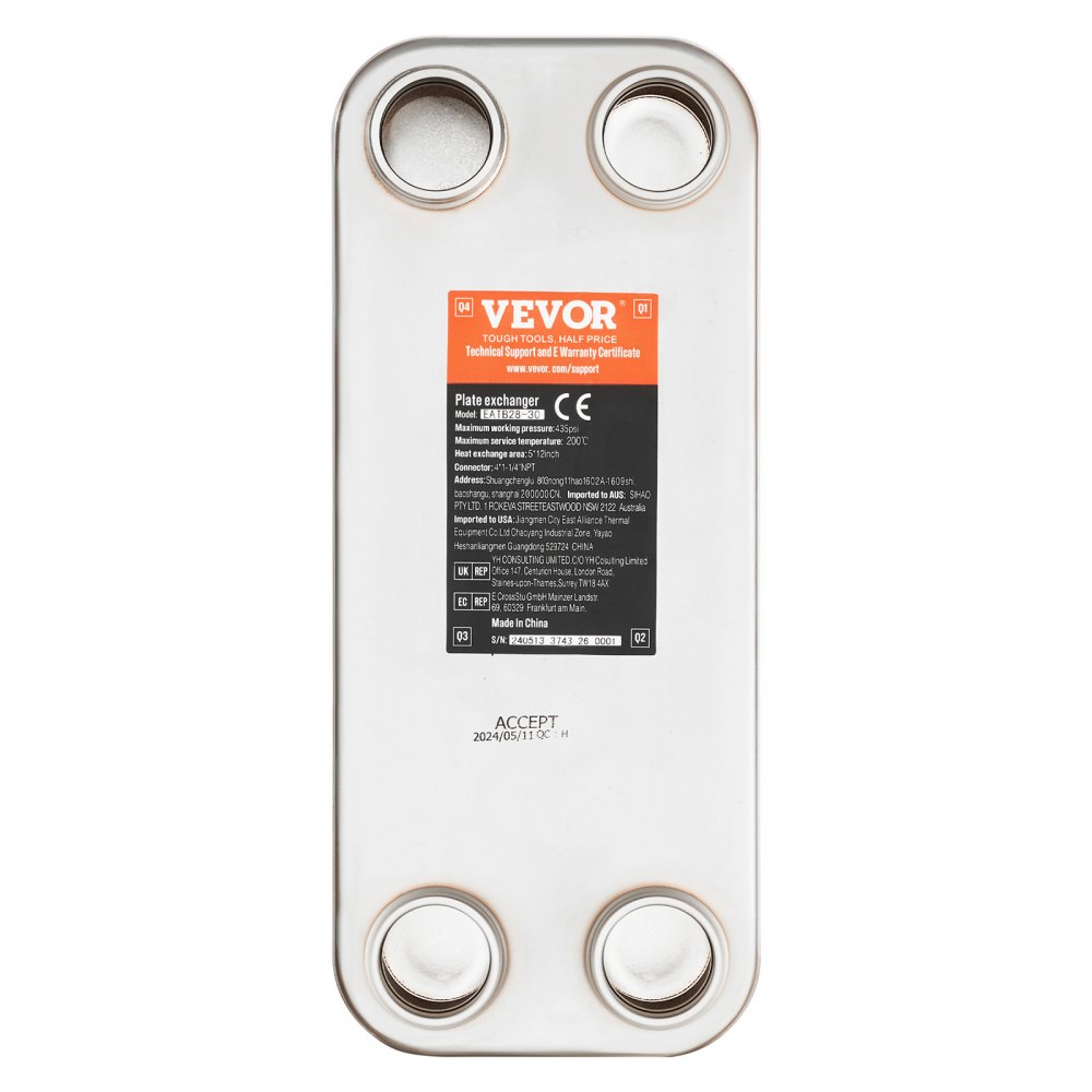 VEVOR Heat Exchanger, 5"x 12" 30 Plates Brazed Plate Heat Exchanger, Copper/316L Stainless Steel Water To Water Heat Exchanger For Floor Heating, Water Heating, Snow Melting, Beer Cooling