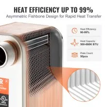VEVOR Heat Exchanger, 5"x 12" 50 Plates Brazed Plate Heat Exchanger, Copper/316L Stainless Steel Water To Water Heat Exchanger For Floor Heating, Water Heating, Snow Melting, Beer Cooling