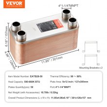 VEVOR Heat Exchanger, 5"x 12" 50 Plates Brazed Plate Heat Exchanger, Copper/316L Stainless Steel Water To Water Heat Exchanger For Floor Heating, Water Heating, Snow Melting, Beer Cooling