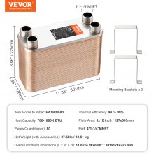 VEVOR Heat Exchanger, 5"x 12" 80 Plates Brazed Plate Heat Exchanger, Copper/316L Stainless Steel Water To Water Heat Exchanger For Floor Heating, Water Heating, Snow Melting, Beer Cooling