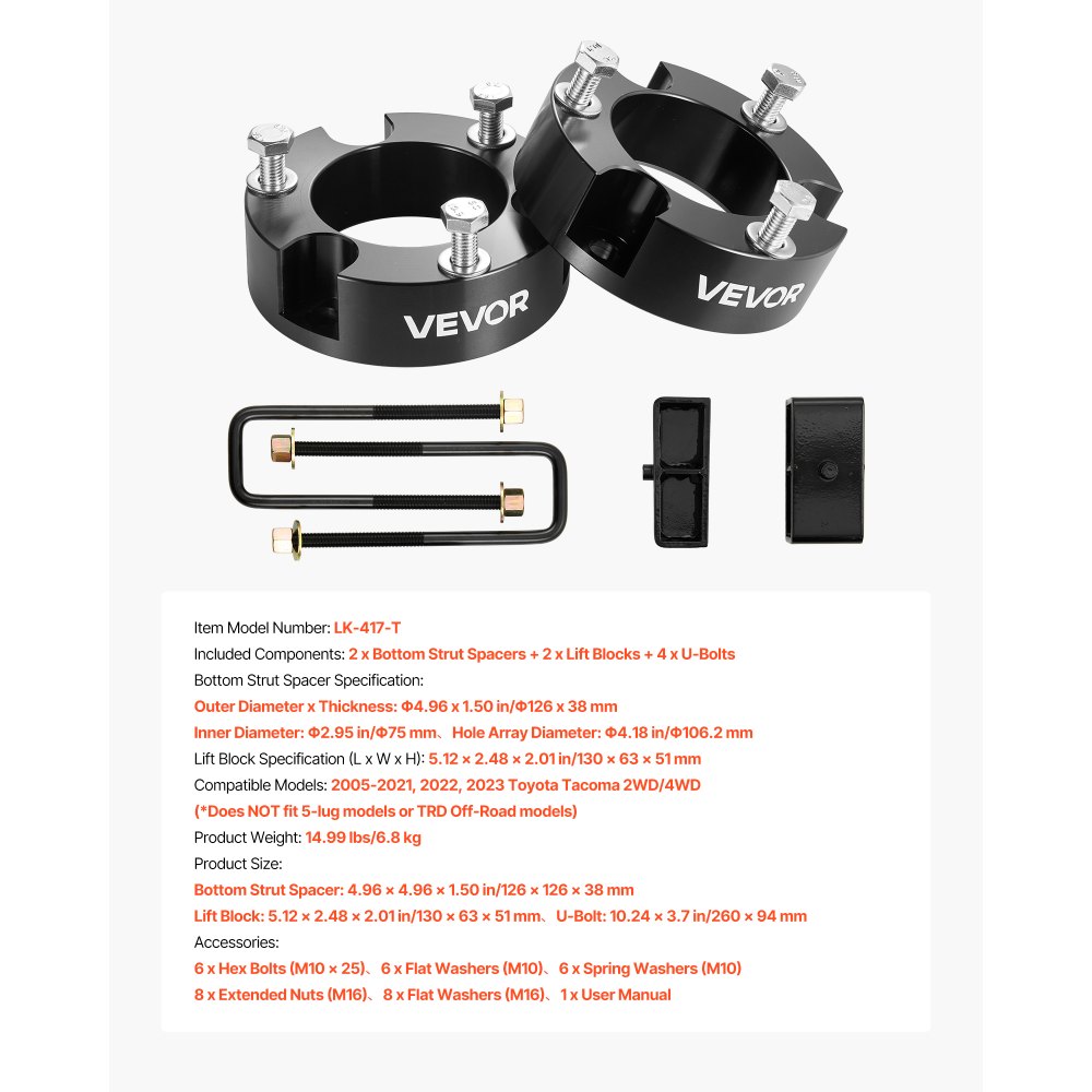VEVOR 76.2 mm Front and 50.8 mm Rear Leveling Lift Kit for 2005-2021 2022 2023 Toyota Tacoma 2WD/4WD, Chassis Level Kit with 2 Front Strut Spacers, 2 Rear Lift Blocks, 4 U-Bolts, Suspension Level Kit
