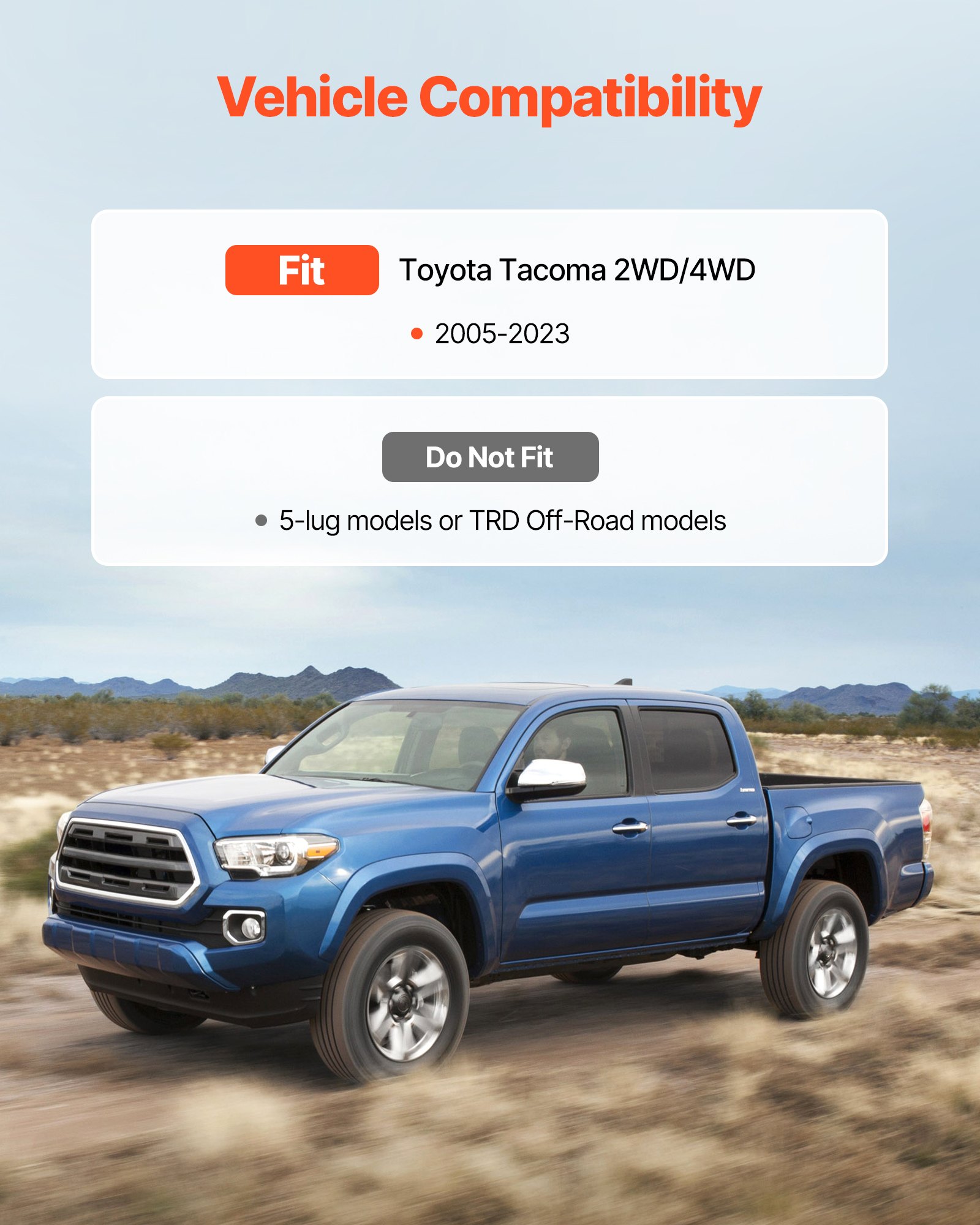 VEVOR 76.2 mm Front and 50.8 mm Rear Leveling Lift Kit for 2005-2021 2022 2023 Toyota Tacoma 2WD/4WD, Chassis Level Kit with 2 Front Strut Spacers, 2 Rear Lift Blocks, 4 U-Bolts, Suspension Level Kit