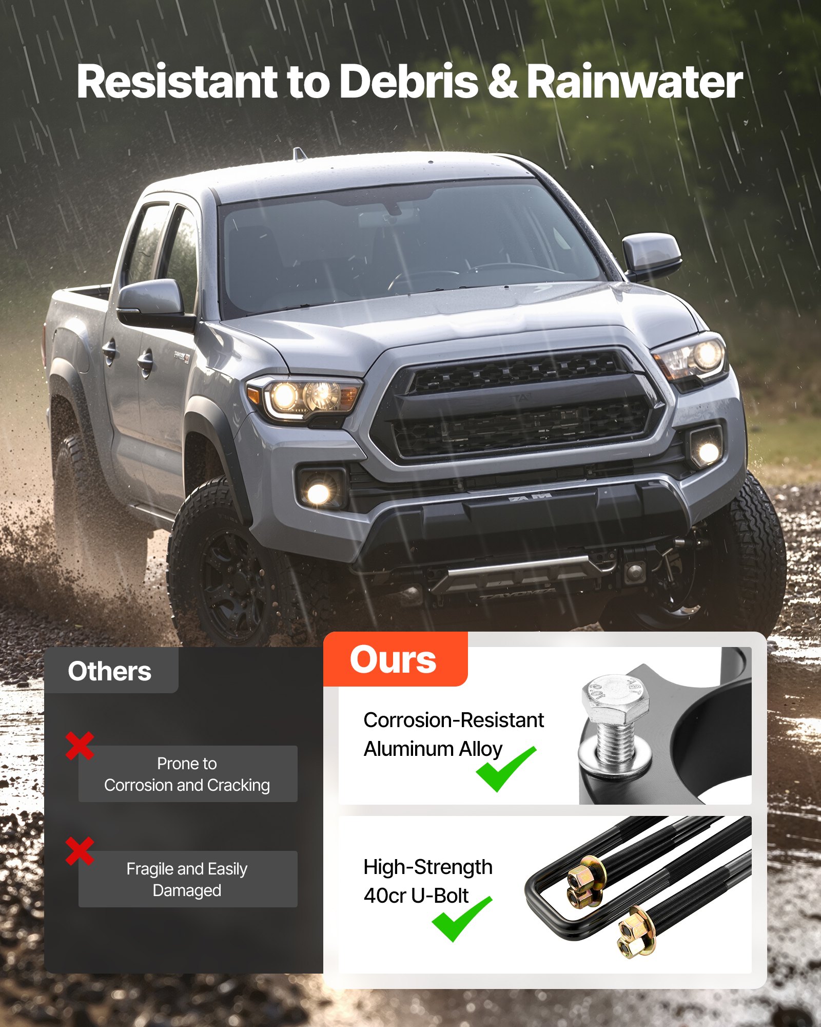 VEVOR 76.2 mm Front and 50.8 mm Rear Leveling Lift Kit for 2005-2021 2022 2023 Toyota Tacoma 2WD/4WD, Chassis Level Kit with 2 Front Strut Spacers, 2 Rear Lift Blocks, 4 U-Bolts, Suspension Level Kit