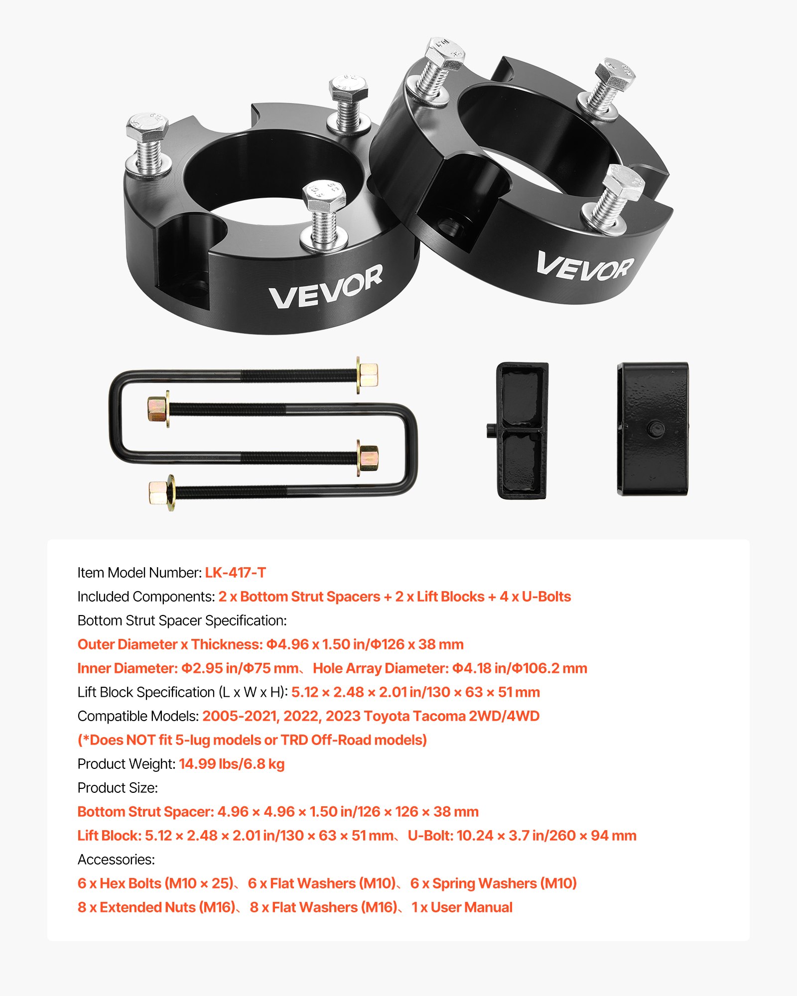 VEVOR 76.2 mm Front and 50.8 mm Rear Leveling Lift Kit for 2005-2021 2022 2023 Toyota Tacoma 2WD/4WD, Chassis Level Kit with 2 Front Strut Spacers, 2 Rear Lift Blocks, 4 U-Bolts, Suspension Level Kit