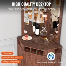 VEVOR Corner Industrial Bar Cabinet, Wine Table for Liquor & Glasses, Sideboard Buffet Cabinet with Glass Holder, Freestanding Farmhouse Wood Coffee Bar Cabinet for Living Room, Home Bar, Black Walnut