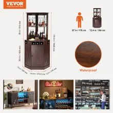 VEVOR Corner Industrial Bar Cabinet, Wine Table for Liquor & Glasses, Sideboard Buffet Cabinet with Glass Holder, Freestanding Farmhouse Wood Coffee Bar Cabinet for Living Room, Home Bar, Black Walnut