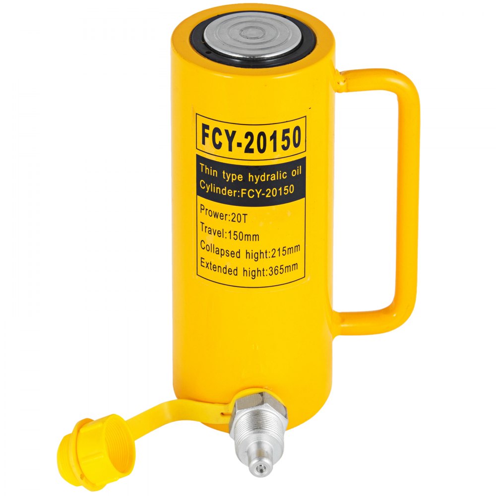 yellow VEVOR hydraulic cylinder jack fcy-20150 with handle and cap on white background.