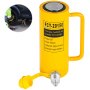 yellow VEVOR hydraulic cylinder jack with specs label and tire lifting in the background.