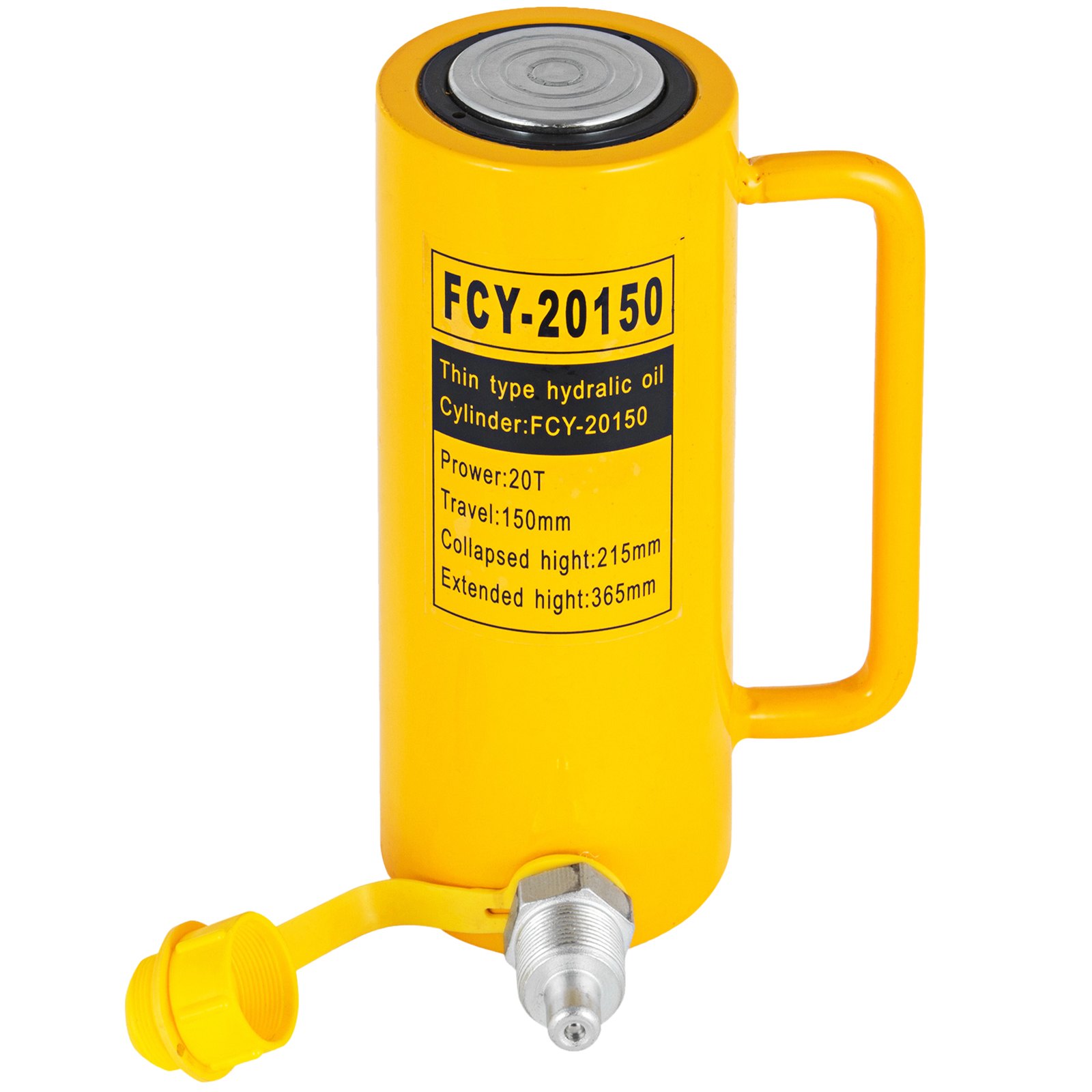yellow VEVOR hydraulic cylinder jack fcy-20150 with handle and cap on white background.