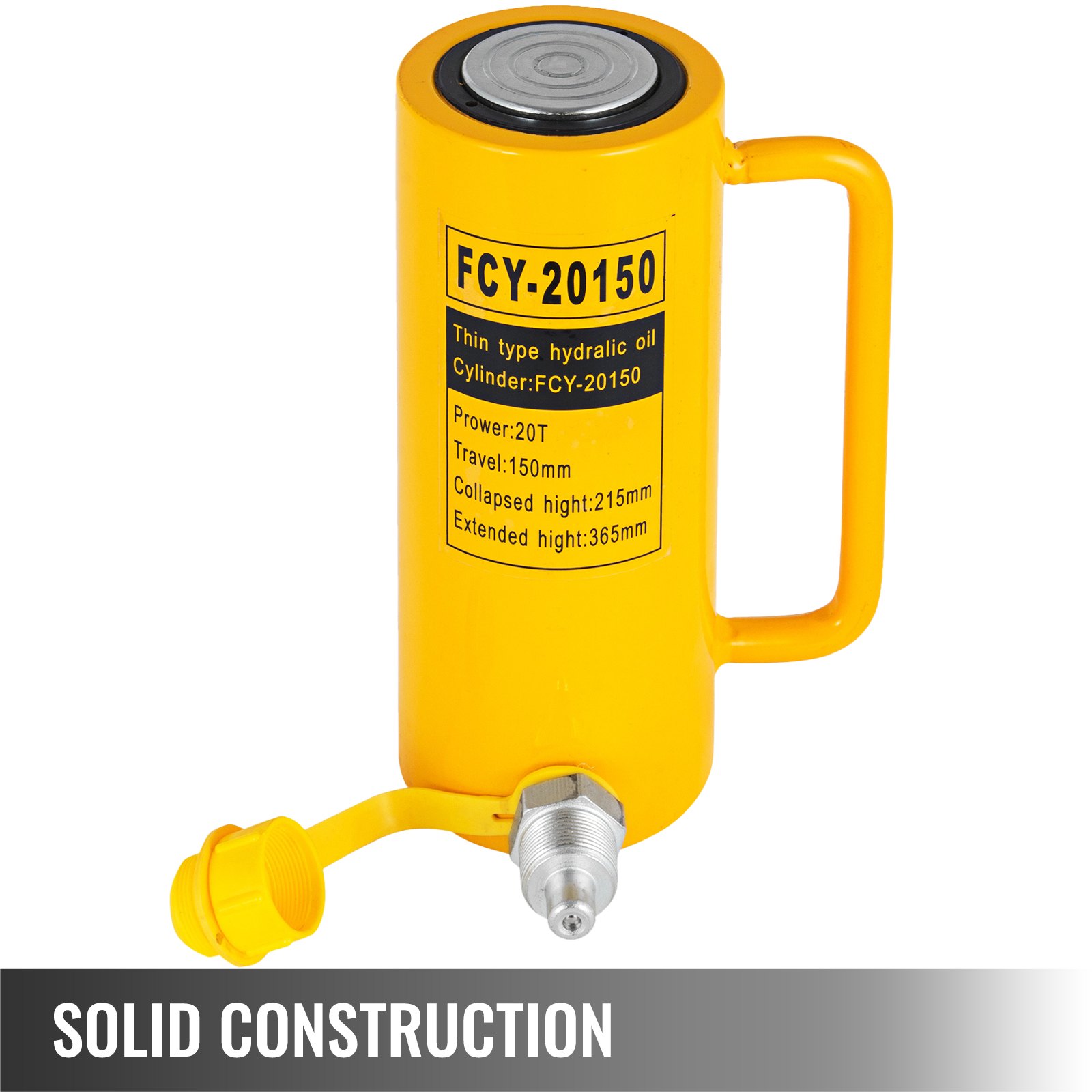 VEVOR hydraulic cylinder jack, yellow with tech specs, handle, &quot;solid construction&quot;.