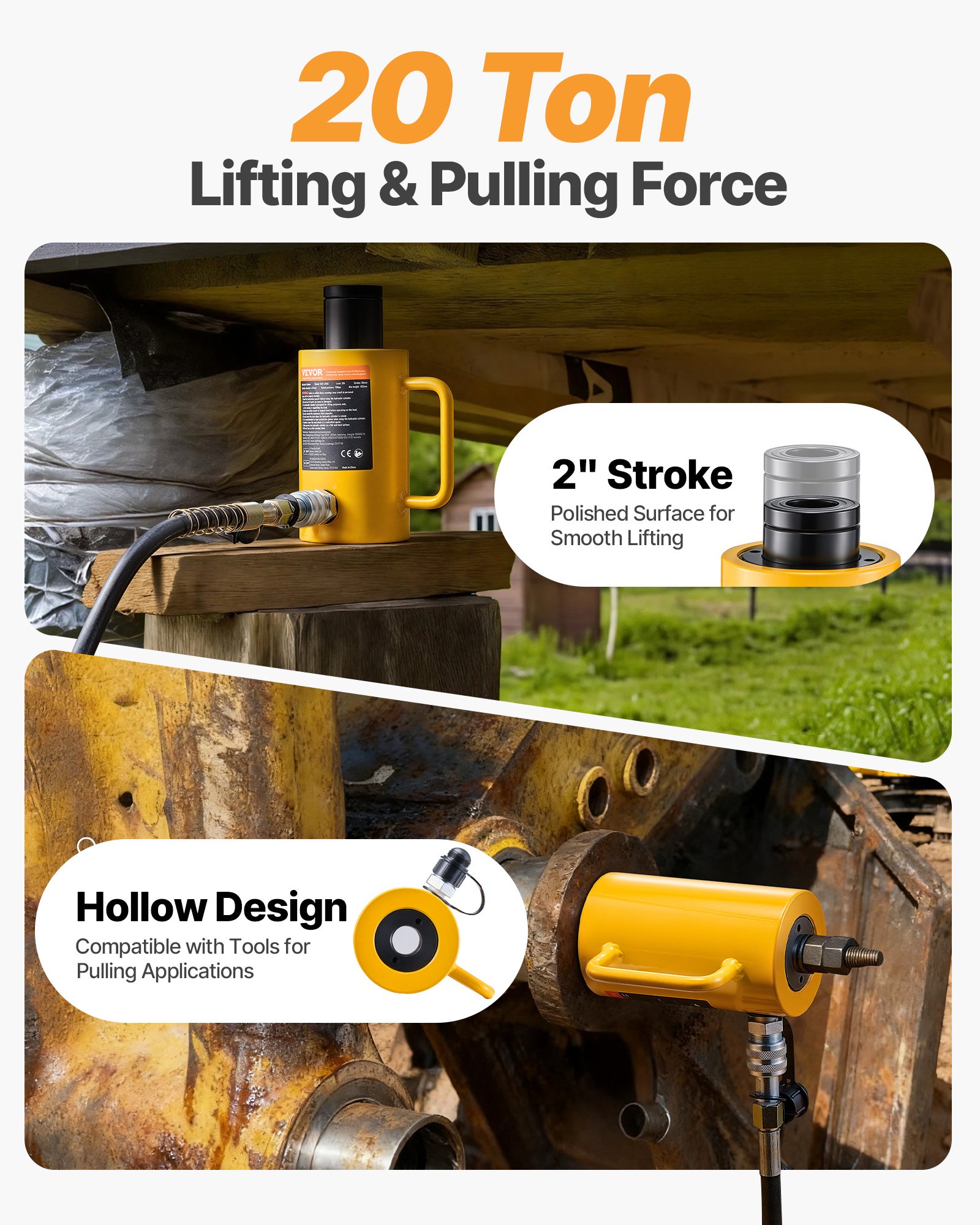 VEVOR 20T 2Inch Hydraulic Cylinder Jack Hollow Single Acting Hydraulic Ram Cylinder 50mm Hydraulic Lifting Cylinders (20T 2Inch Hollow)