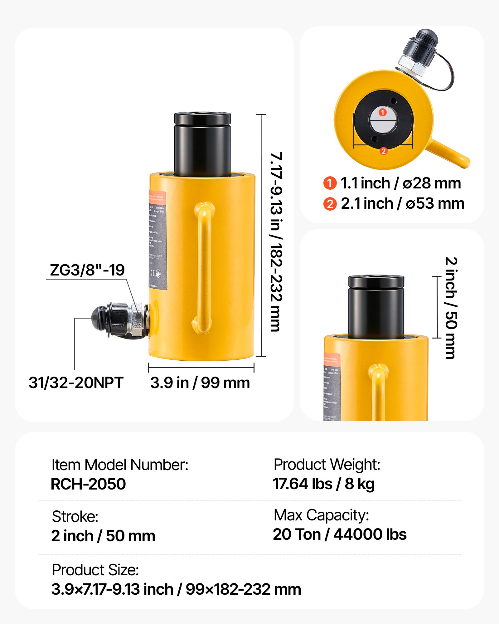 VEVOR 20T 2Inch Hydraulic Cylinder Jack Hollow Single Acting Hydraulic Ram Cylinder 50mm Hydraulic Lifting Cylinders (20T 2Inch Hollow)