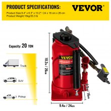 VEVOR Cric bouteille hydraulique à air, capacité de 20 tonnes/44092 lb, avec pompe manuelle, ascenseur de réparation de remorque de voyage pour camion automobile robuste, rouge
