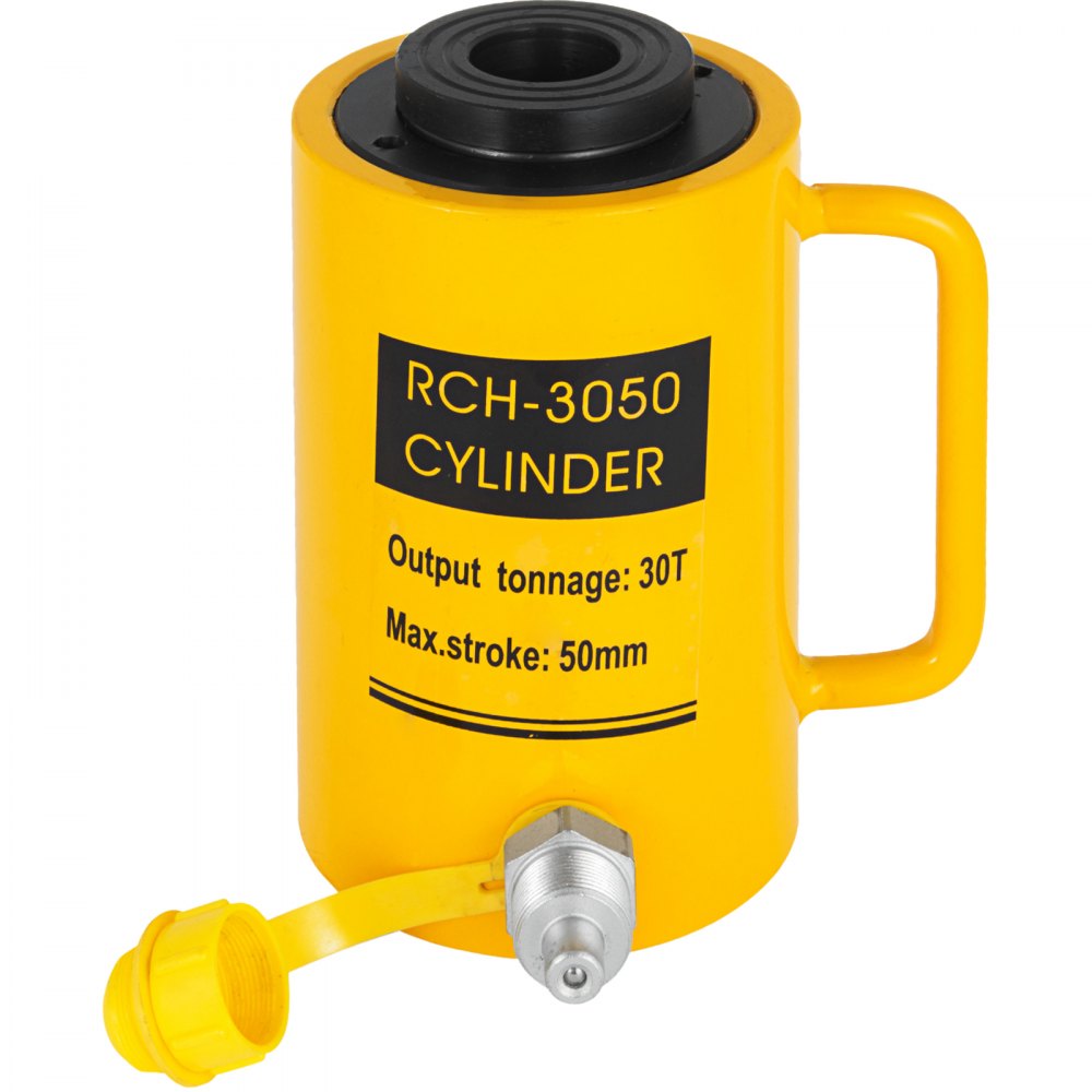 yellow VEVOR hydraulic cylinder jack, 30t output, 50mm max stroke, handle attached.