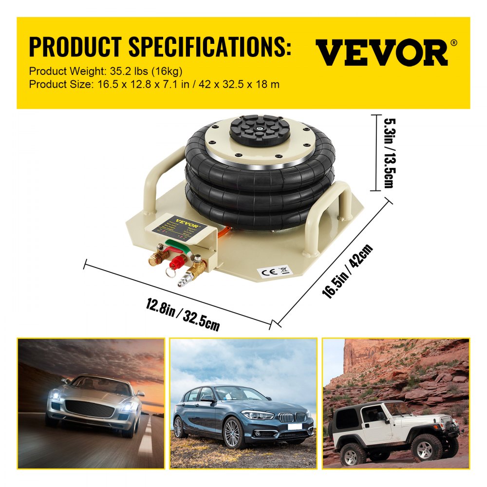 VEVOR Air Jack, 3 Ton Double Bag Air Jack, Air Bag Jack Lift Up to 15.75 Inch, 3-5s Fast Lifting Air Bag Jack for Cars with Short Handle (Beige)