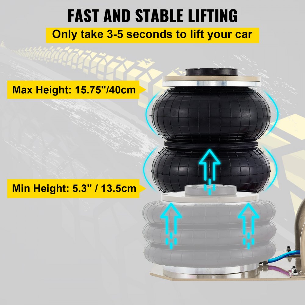 VEVOR Pneumatic Jack, 3 Ton/6600 LBS Air Bag Jack, Triple Bag Air Jack for Vehicle, Extremely Fast Lifting Action, Max Height 15.75"/400 mm, Compact Size, Short Handle