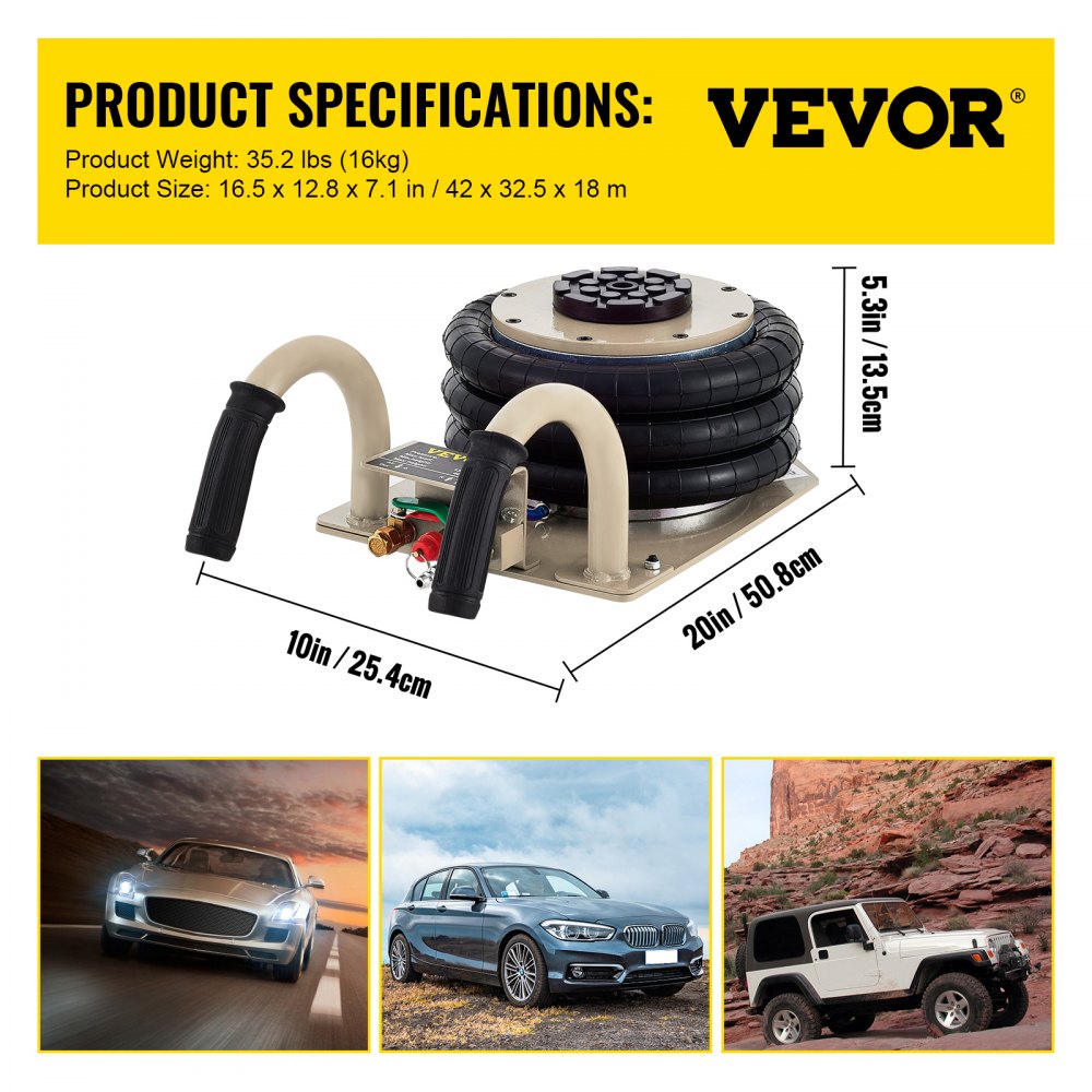 VEVOR Pneumatic Jack, 3 Ton/6600 LBS Air Bag Jack, Triple Bag Air Jack for Vehicle, Extremely Fast Lifting Action, Max Height 15.75"/400 mm, Compact Size, Short Handle