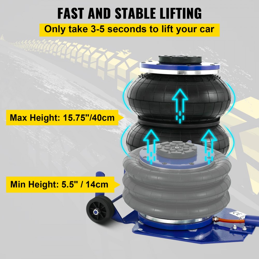 VEVOR Pneumatic Jack, 3 Ton/6600 LBS Air Bag Jack, Triple Bag Air Jack for Vehicle, Extremely Fast Lifting Action, Max Height 15.75"/400 mm, with Wheels, Long Handle, Blue