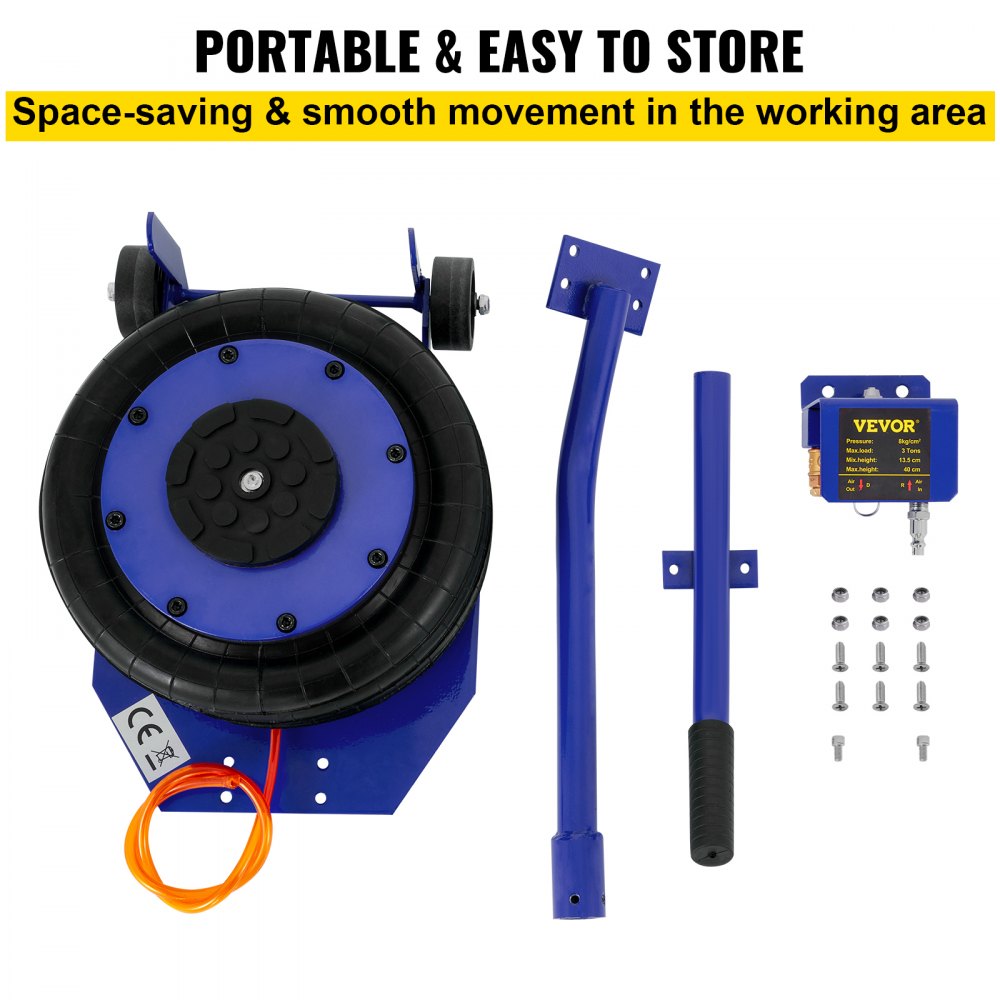 VEVOR Pneumatic Jack, 3 Ton/6600 LBS Air Bag Jack, Triple Bag Air Jack for Vehicle, Extremely Fast Lifting Action, Max Height 15.75"/400 mm, with Wheels, Long Handle, Blue