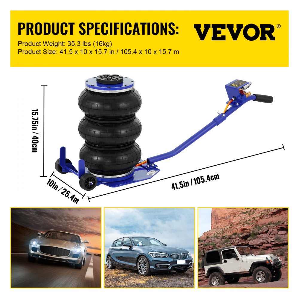 VEVOR Pneumatic Jack, 3 Ton/6600 LBS Air Bag Jack, Triple Bag Air Jack for Vehicle, Extremely Fast Lifting Action, Max Height 15.75"/400 mm, with Wheels, Long Handle, Blue