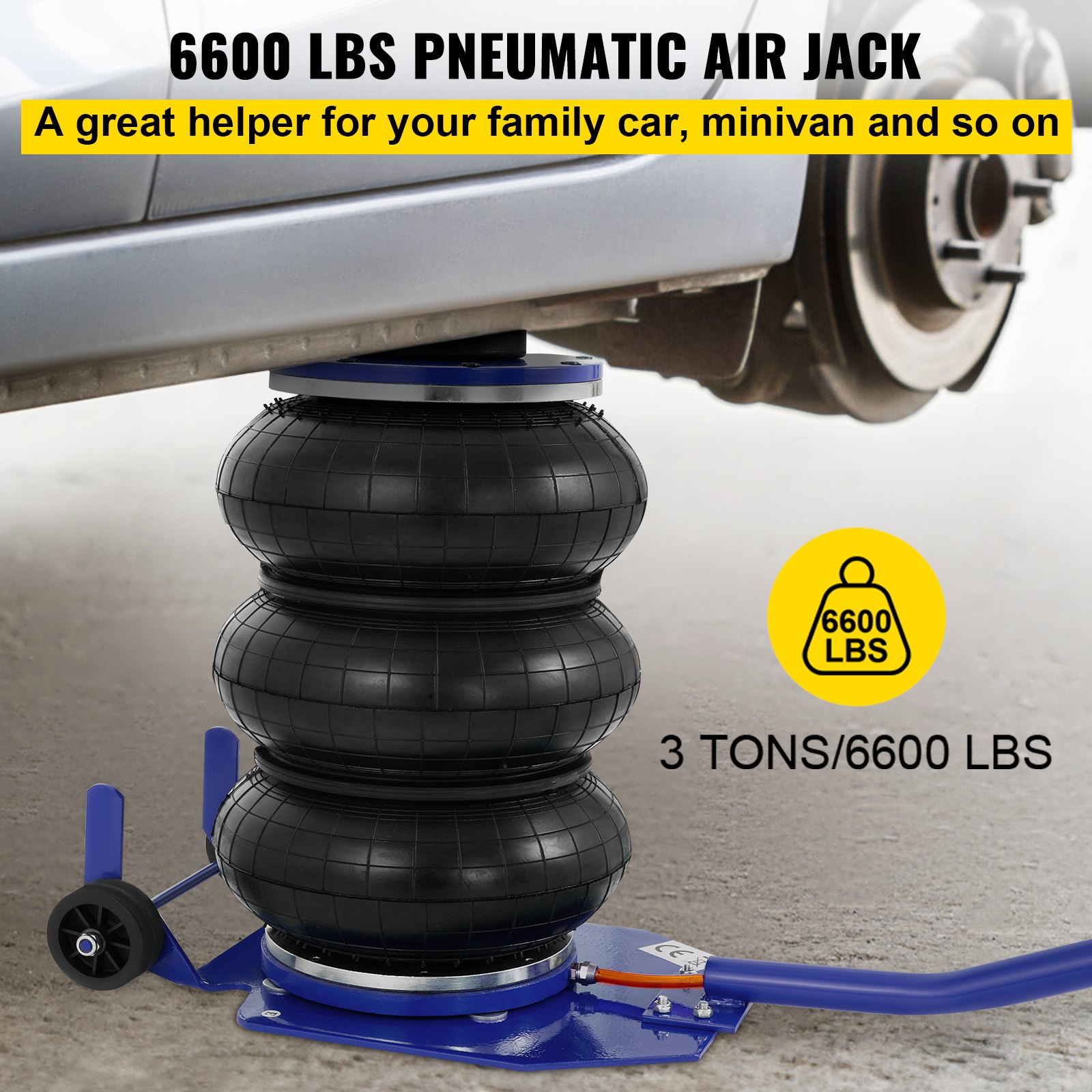 VEVOR Pneumatic Car Jack Triple Bag Air Jack 6600lbs Pneumatic Jack 3 Ton Heavy Duty Car Jack Lifting Up to 16 Inch Portable Repair(Blue) for Cars, Minivan, SUV Off-road Vehicle