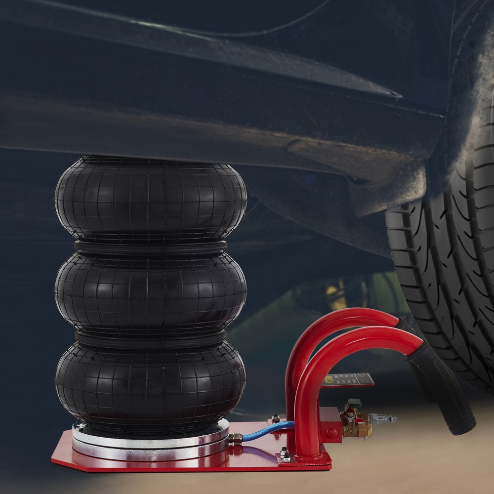 VEVOR triple bag air jack lifting a vehicle beside a tire.